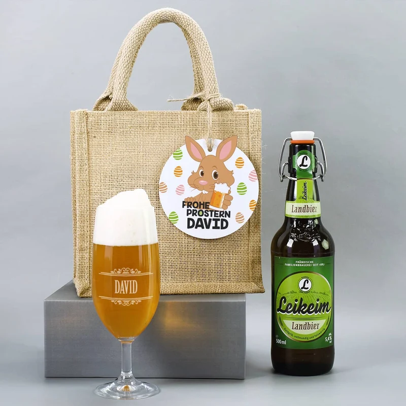 Geschenkset - Frohe Prostern - mit Bier und Bierglas in einer Jutetüte