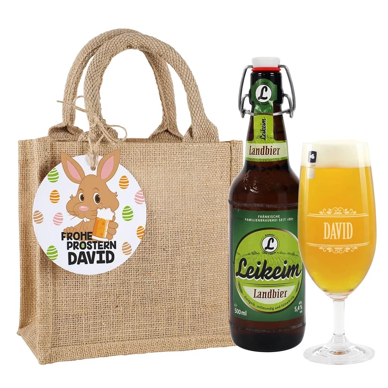 Geschenkset - Frohe Prostern - mit Bier und Bierglas in einer Jutetüte