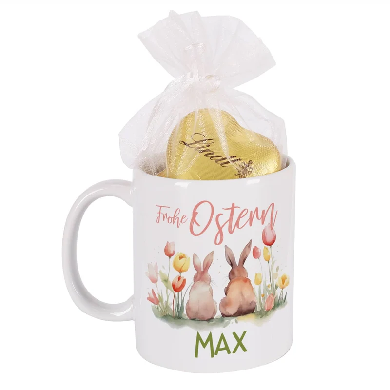 Frohe Ostern - Tasse mit Hasen, Blumen, Name - gefüllt mit Lindt Schokoherzen