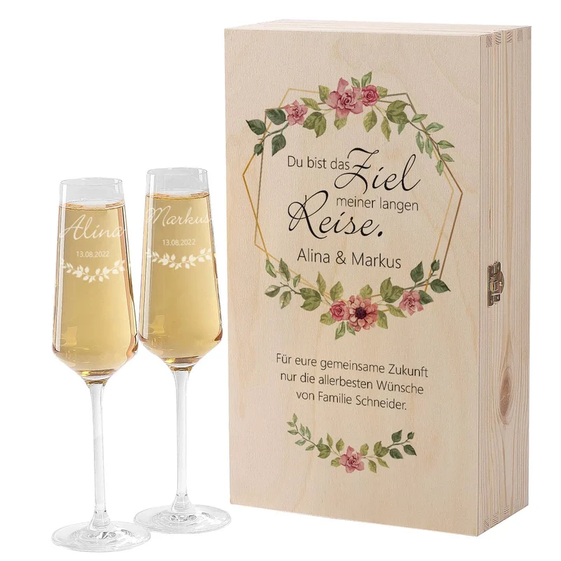 Geschenkset mit Holzbox und zwei Sektgläsern zur Hochzeit