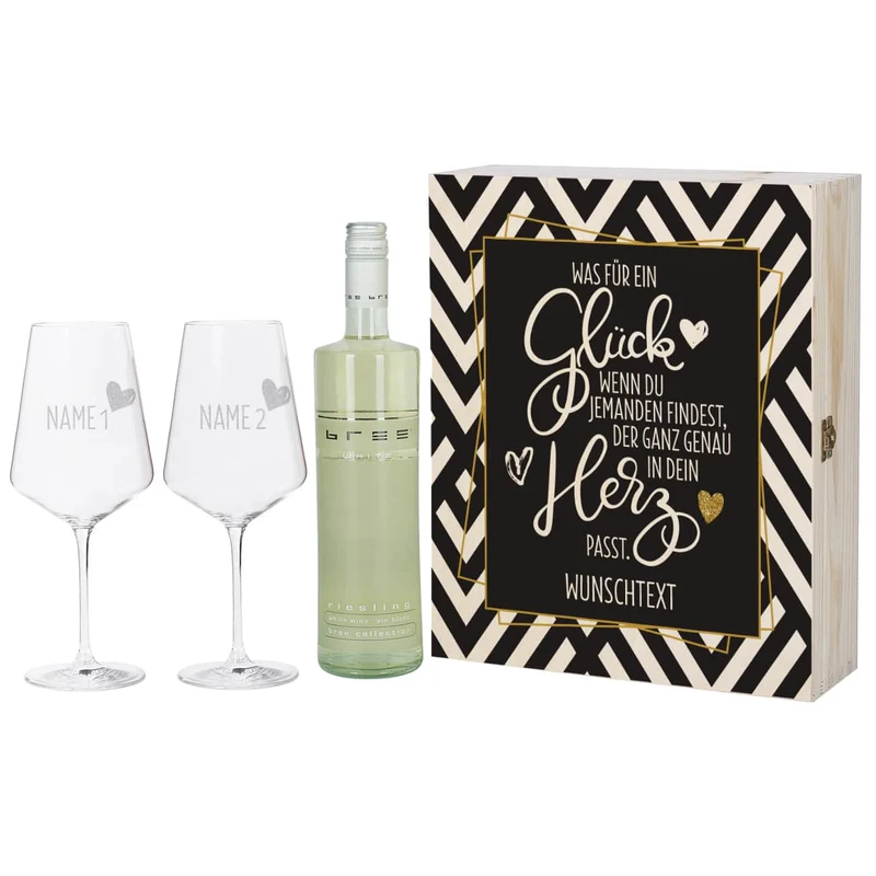 Geschenkset mit zwei gravierten Weingläsern und Wein in bedruckter Geschenkbox