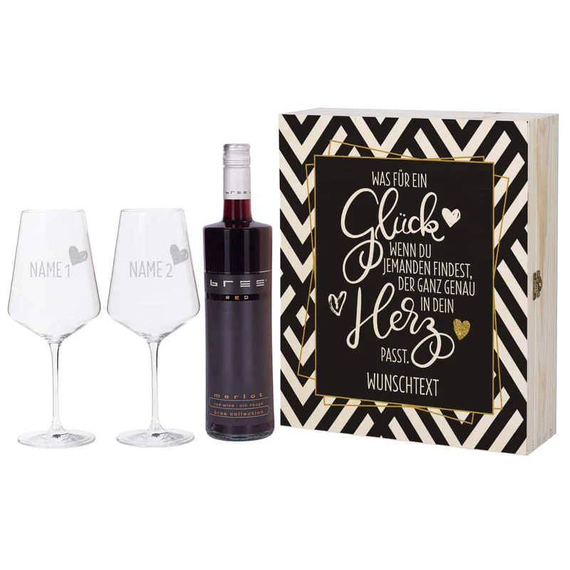 Geschenkset mit zwei gravierten Weingläsern und Wein in bedruckter Geschenkbox