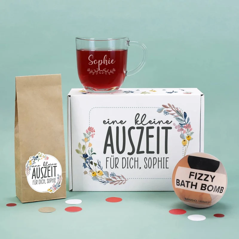 Auszeit Geschenkset mit Teeglas, Tee und Badebombe
