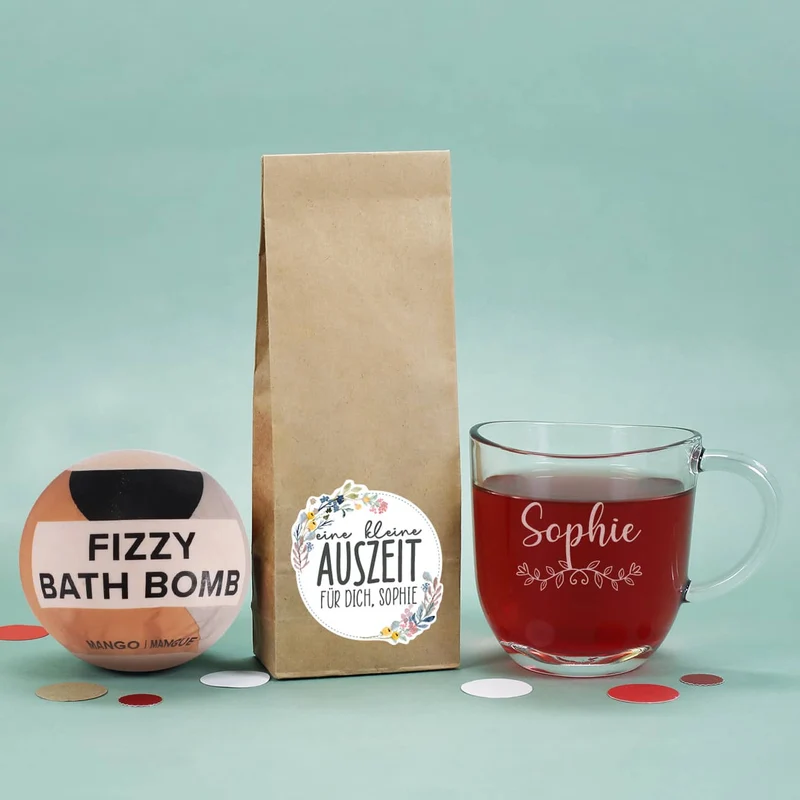 Auszeit Geschenkset mit Teeglas, Tee und Badebombe