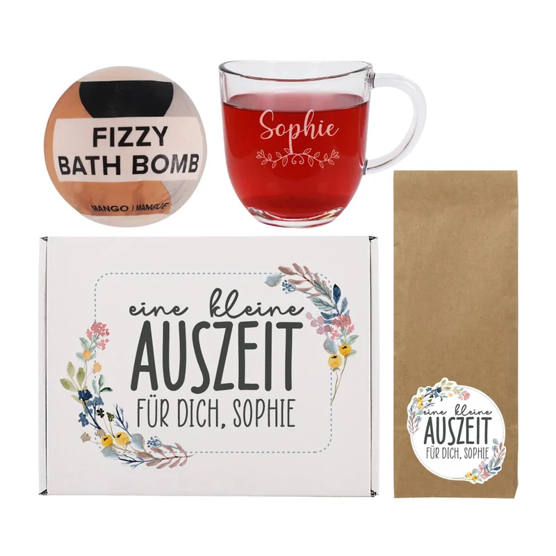 Auszeit Geschenkset mit Teeglas, Tee und Badebombe