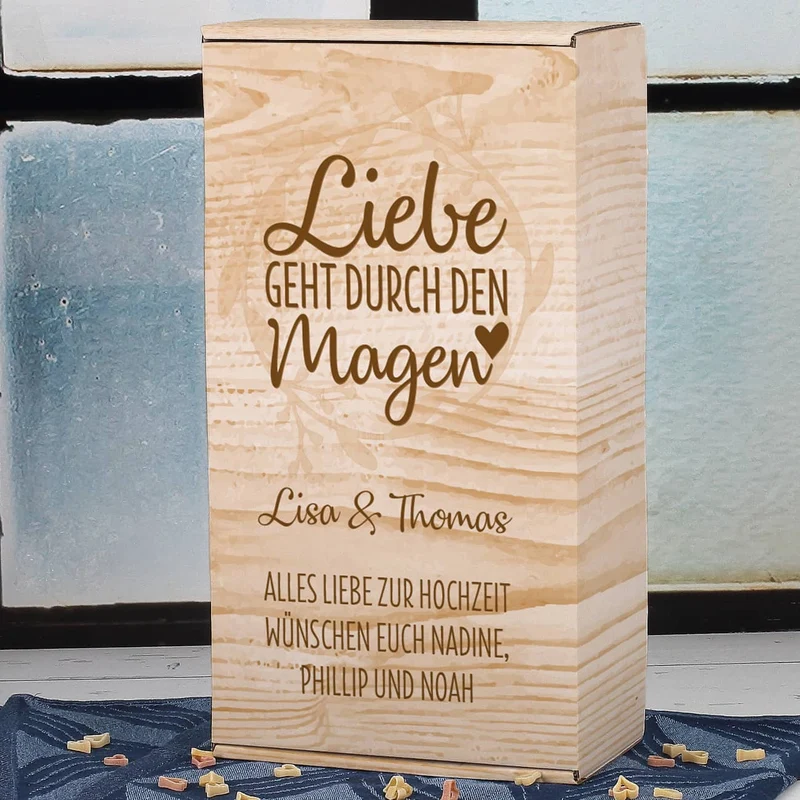 Geschenkset "Liebe geht durch den Magen" mit Wunschnamen und Wunschtext