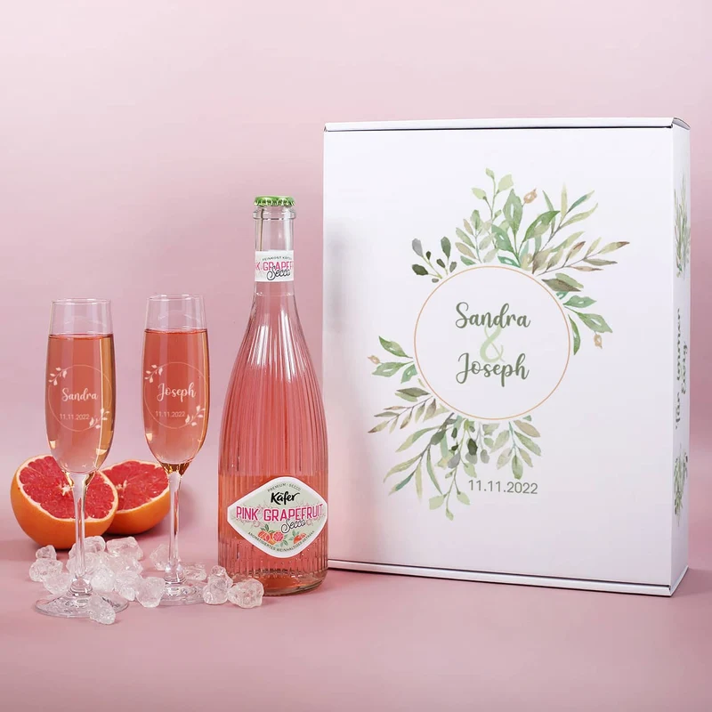 Geschenkset zur Hochzeit mit Blättern, Name und Datum