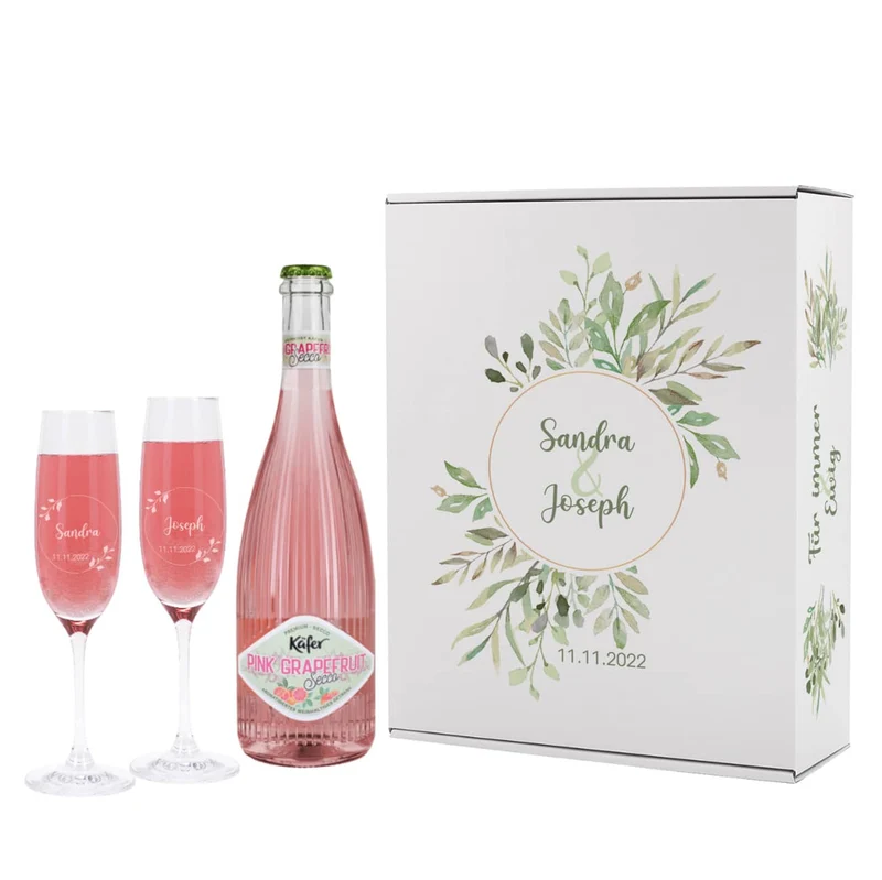 Geschenkset zur Hochzeit mit Blättern, Name und Datum