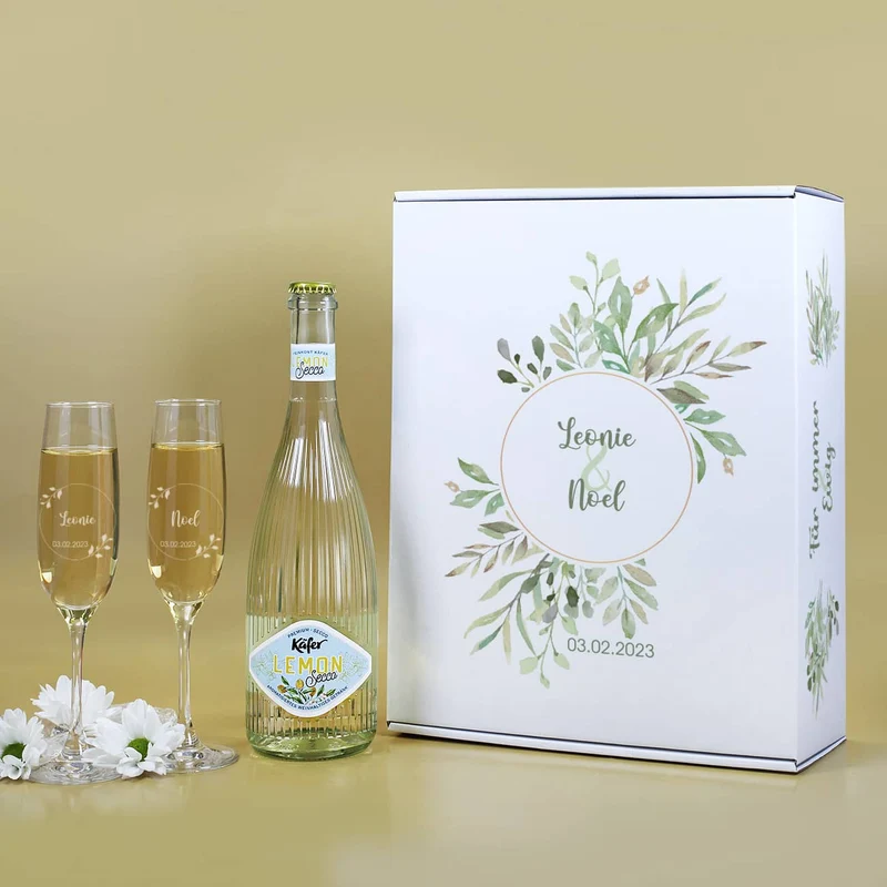 Geschenkset zur Hochzeit mit Blättern, Name und Datum