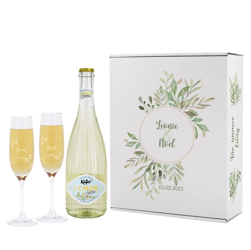 Geschenkset zur Hochzeit mit Blättern, Name und Datum