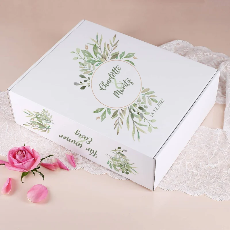 Geschenkset zur Hochzeit mit Blättern, Name und Datum