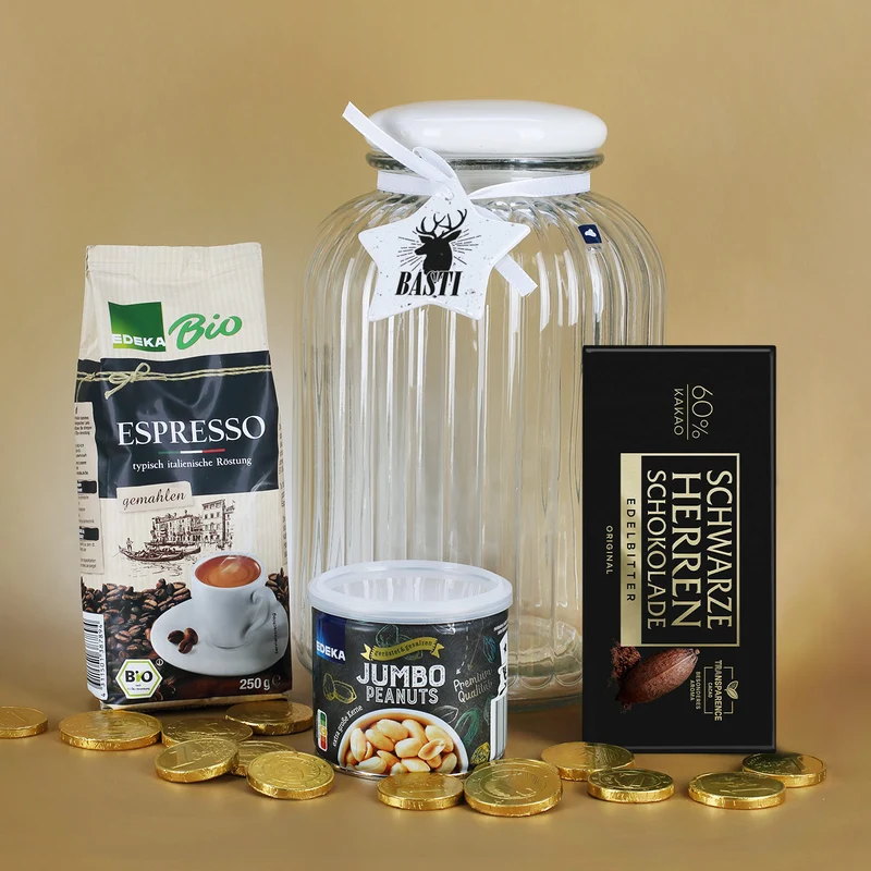 Geschenkset für Männer zu Weihnachten - Espresso, Schokolade und Nüsse in XL Glasdose
