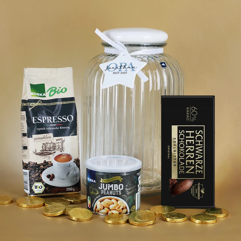 Gefüllte XL Glasdose - Opa seit - mit Schokolade, Espresso und Nüssen
