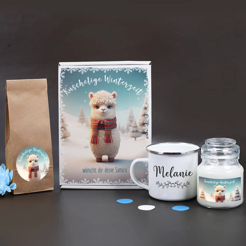 Kuschelige Winterzeit - Persönliches Geschenkset mit Tee, Duftkerze und Tasse
