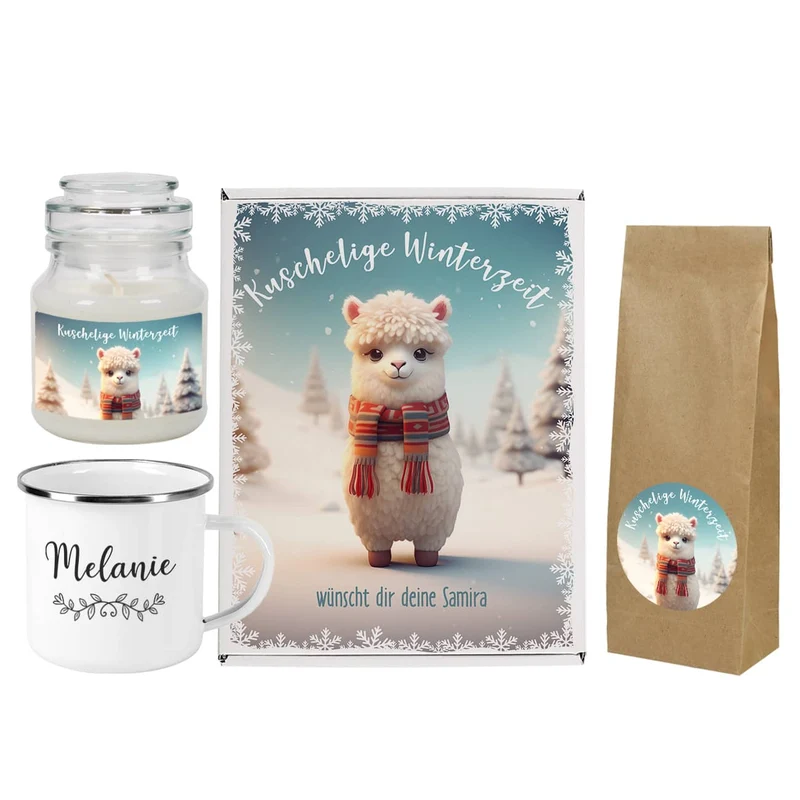 Kuschelige Winterzeit - Persönliches Geschenkset mit Tee, Duftkerze und Tasse