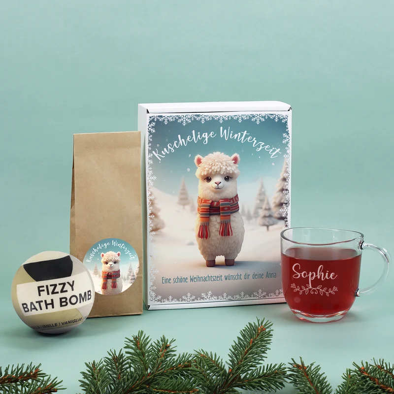 Kuschelige Winterzeit - Geschenkset mit Tee, Teeglas und Badekugel