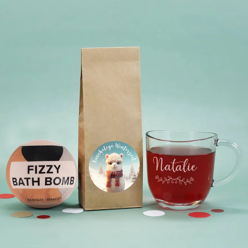 Kuschelige Winterzeit - Geschenkset mit Tee, Teeglas und Badekugel