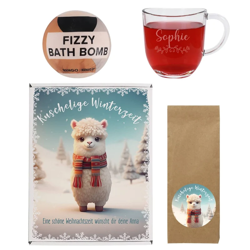 Kuschelige Winterzeit - Geschenkset mit Tee, Teeglas und Badekugel