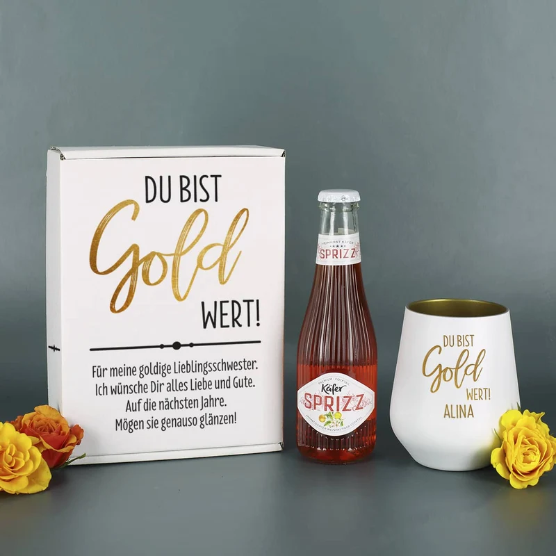 Du bist Gold wert! - Geschenkset mit graviertem Trinkglas und Käfer Sprizz