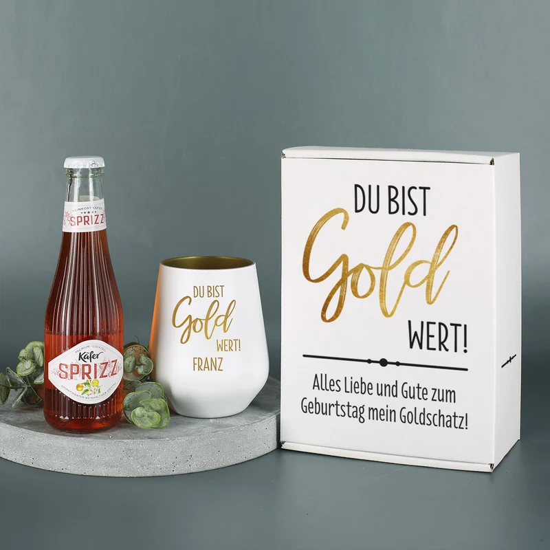 Du bist Gold wert! - Geschenkset mit graviertem Trinkglas und Käfer Sprizz