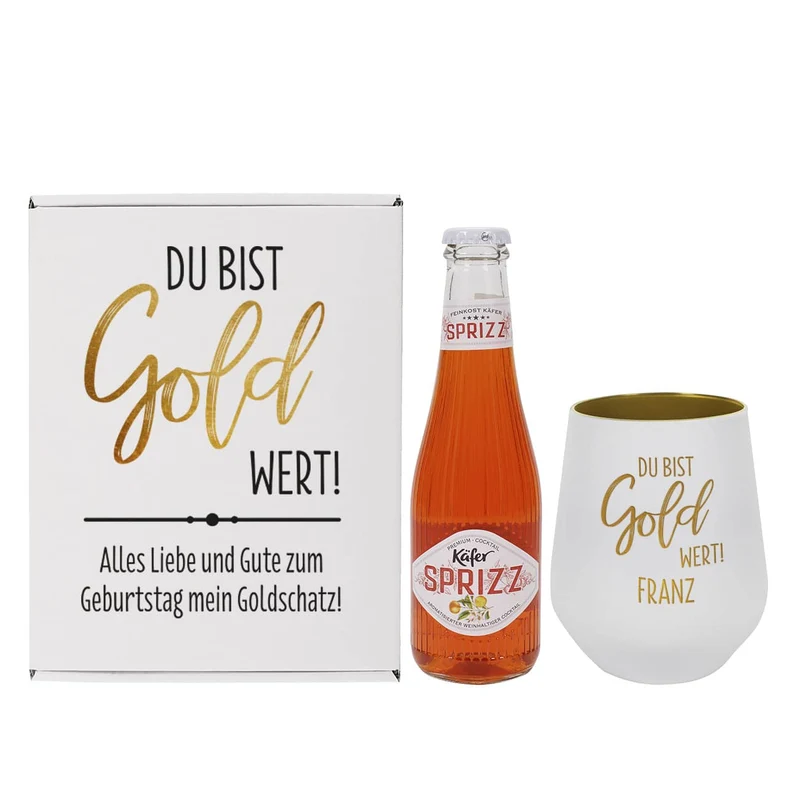 Du bist Gold wert! - Geschenkset mit graviertem Trinkglas und Käfer Sprizz