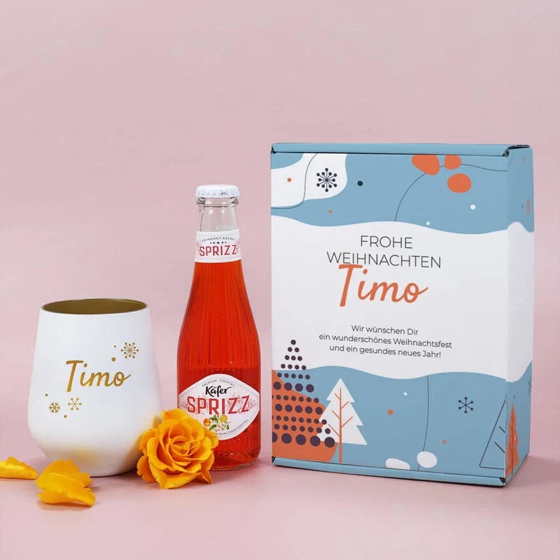 Personalisiertes Geschenkset zu Weihnachten mit graviertem Glas und Käfer Sprizz