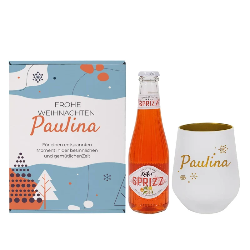 Personalisiertes Geschenkset zu Weihnachten mit graviertem Glas und Käfer Sprizz