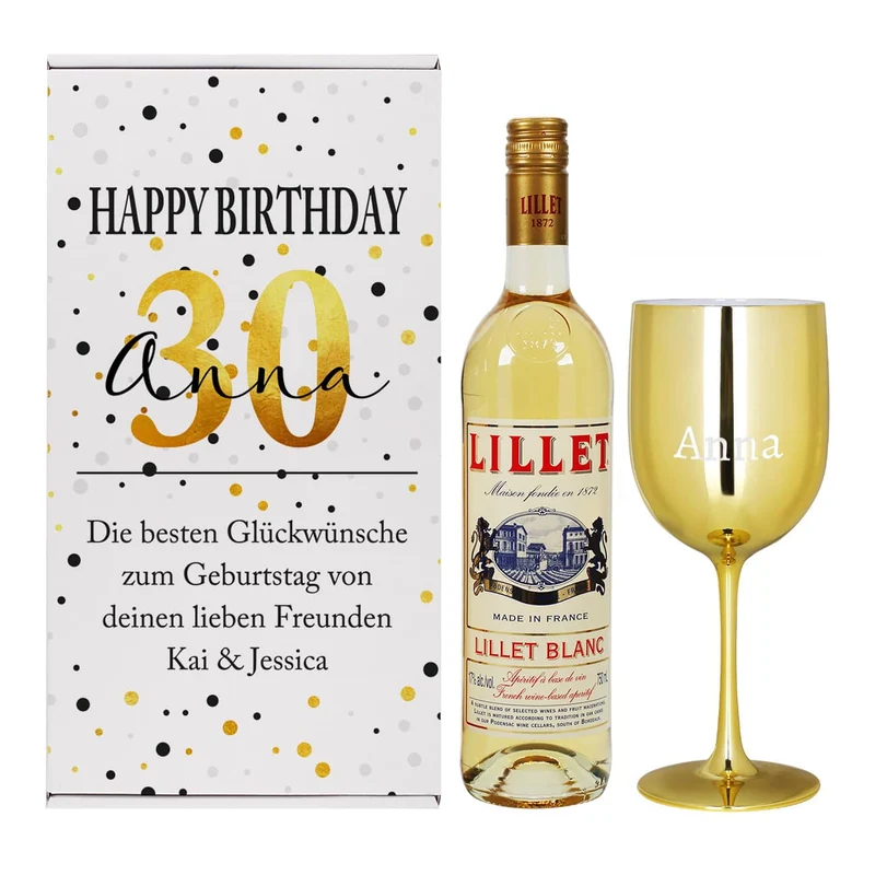 Happy Birthday - Lillet Präsent mit gravierten Weinglas und toller Geschenkverpackung