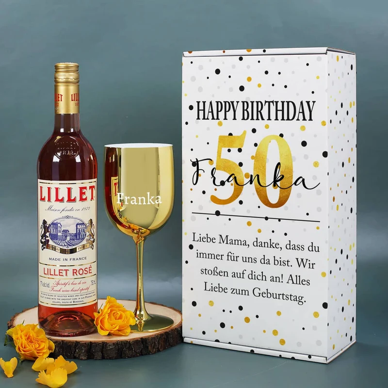 Happy Birthday - Lillet Präsent mit gravierten Weinglas und toller Geschenkverpackung