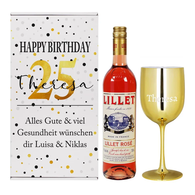 Happy Birthday - Lillet Präsent mit gravierten Weinglas und toller Geschenkverpackung