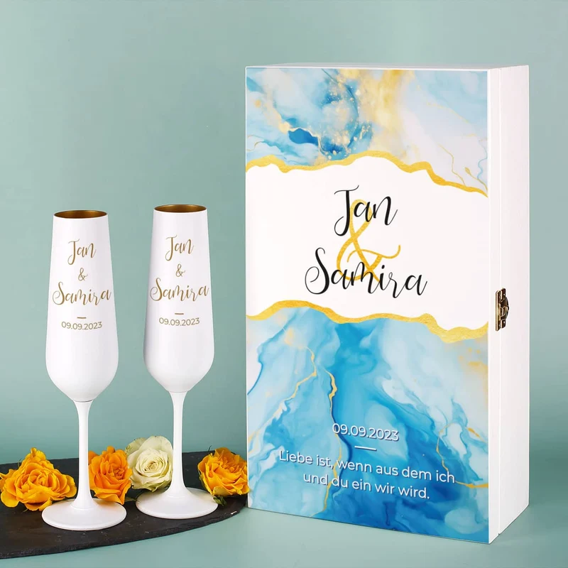 Modernes Geschenkset zur Hochzeit mit zwei Sektgläsern und wunderschöner Watercolor Präsentbox