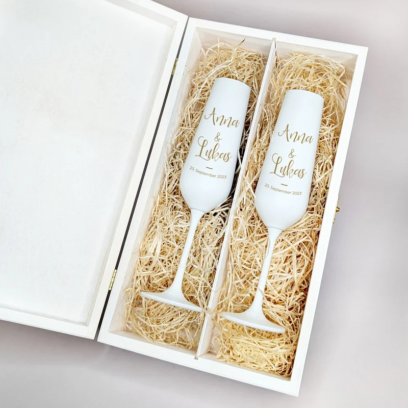 Modernes Geschenkset zur Hochzeit mit zwei Sektgläsern und wunderschöner Watercolor Präsentbox