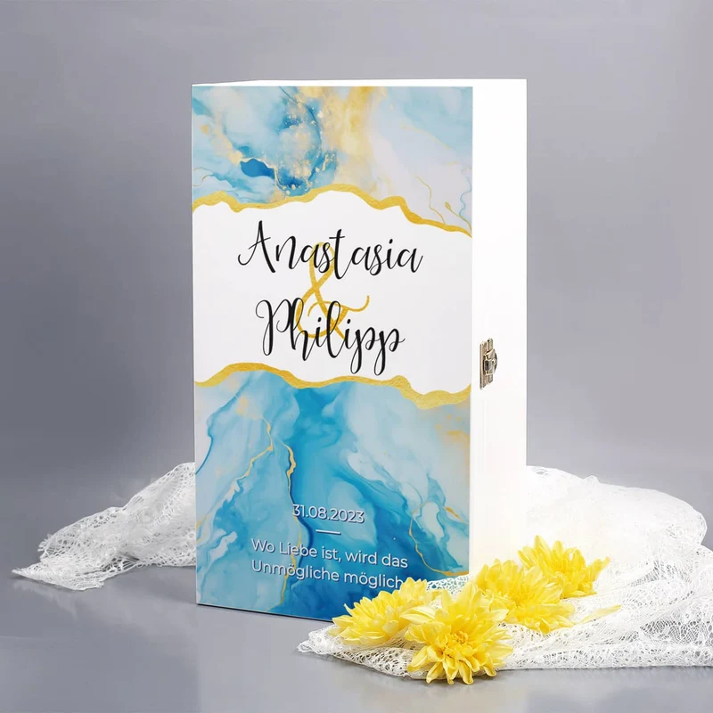 Modernes Geschenkset zur Hochzeit mit zwei Sektgläsern und wunderschöner Watercolor Präsentbox