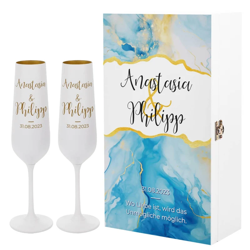 Modernes Geschenkset zur Hochzeit mit zwei Sektgläsern und wunderschöner Watercolor Präsentbox