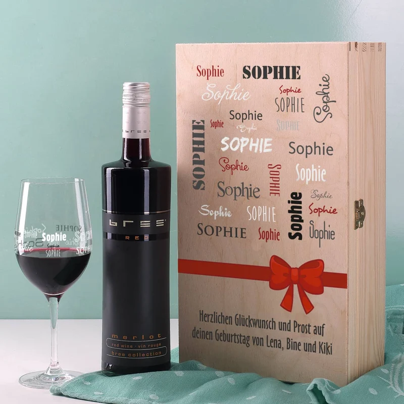 Wein-Set mit bedrucktem Glas in edler Holzverpackung