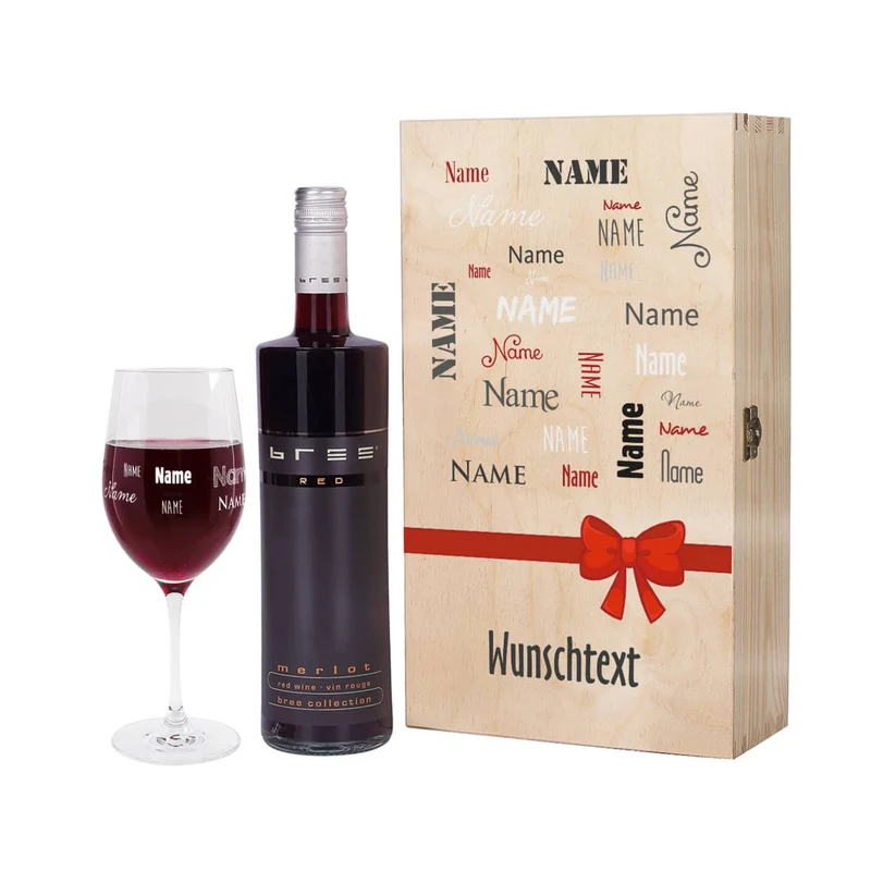 Wein-Set mit bedrucktem Glas in edler Holzverpackung