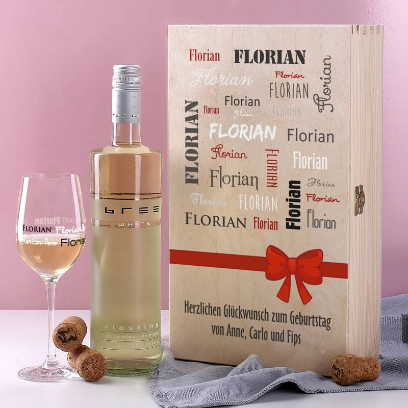 Wein-Set mit bedrucktem Glas in edler Holzverpackung