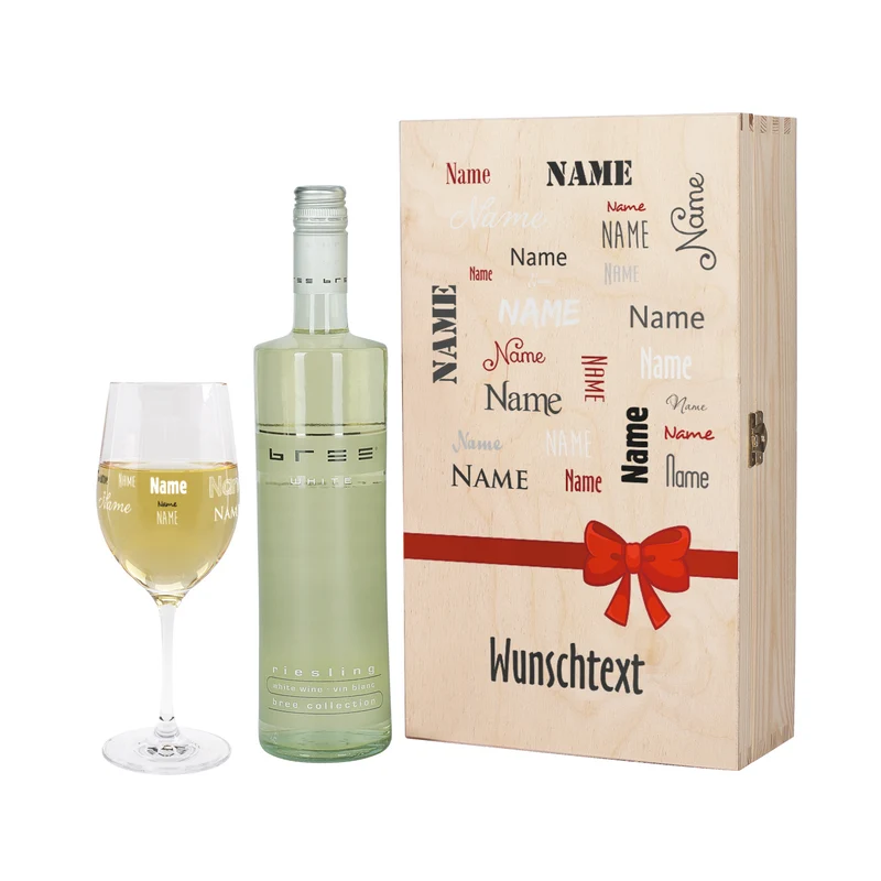 Wein-Set mit bedrucktem Glas in edler Holzverpackung