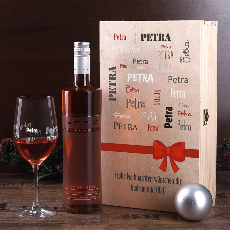 Wein-Set mit bedrucktem Glas in edler Holzverpackung