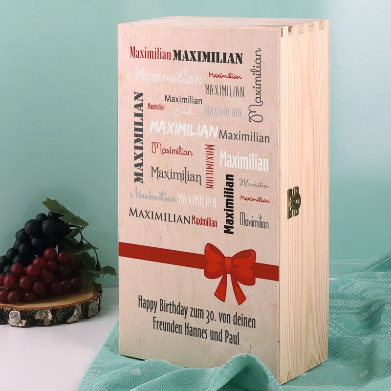 Wein-Set mit bedrucktem Glas in edler Holzverpackung