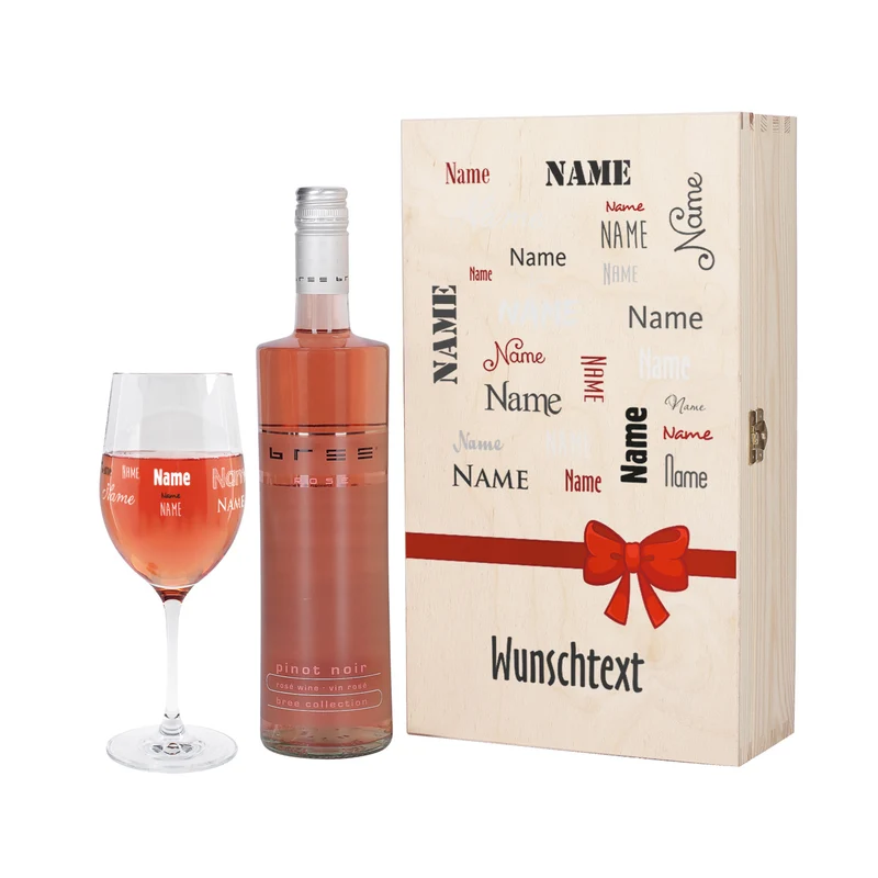 Wein-Set mit bedrucktem Glas in edler Holzverpackung