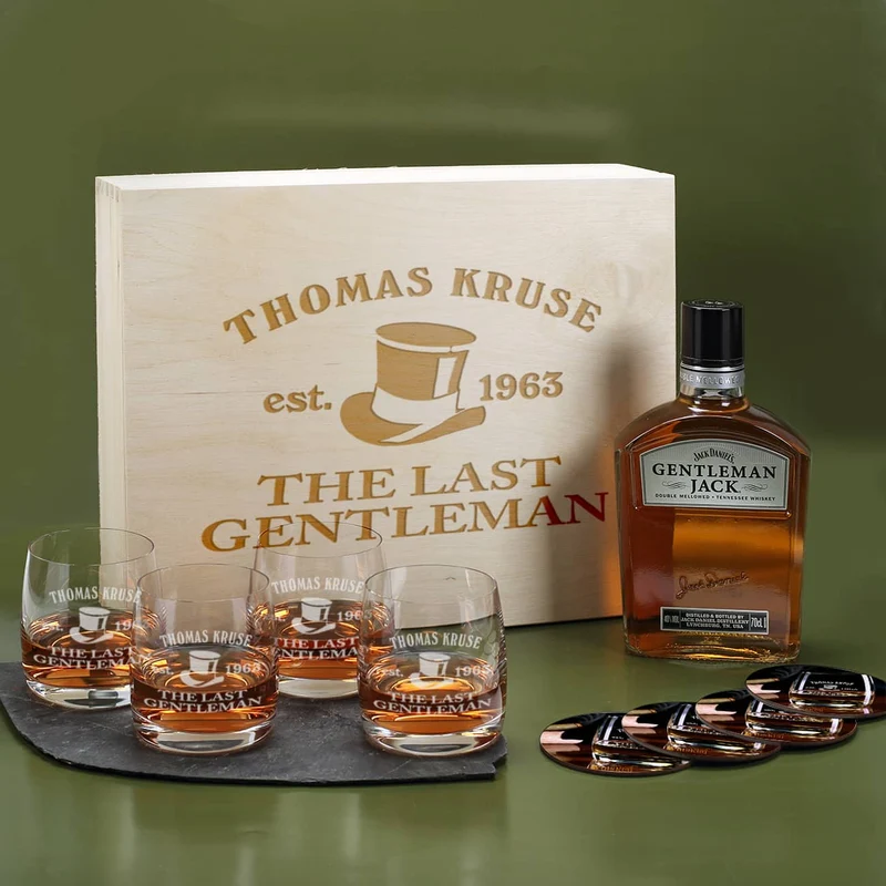 Whiskybox mit 4 Gläsern, Untersetzern und Jack Daniels Whiskey