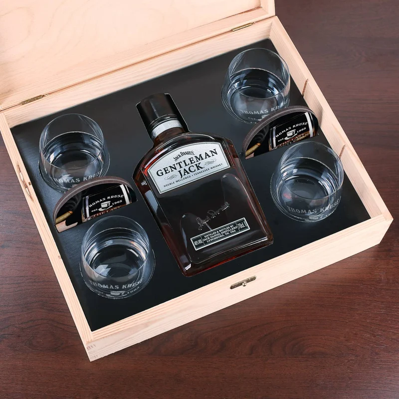 Whiskybox mit 4 Gläsern, Untersetzern und Jack Daniels Whiskey