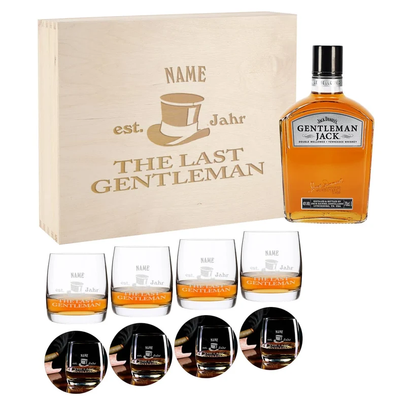 Whiskybox mit 4 Gläsern, Untersetzern und Jack Daniels Whiskey