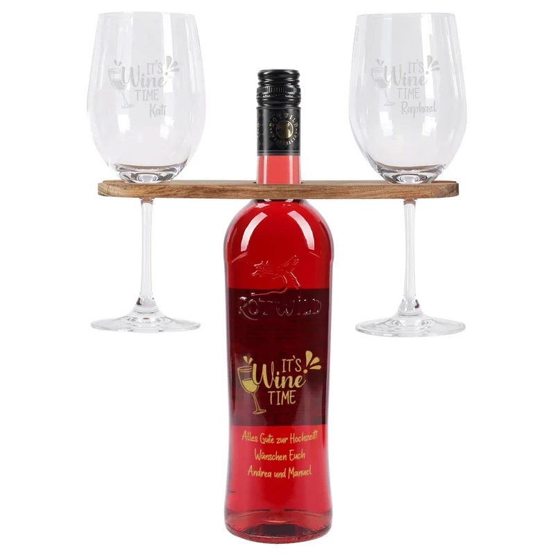 It`s Wine Time - Personalisiertes Geschenkset mit Weinflasche, Weingläsern und Weinbutler