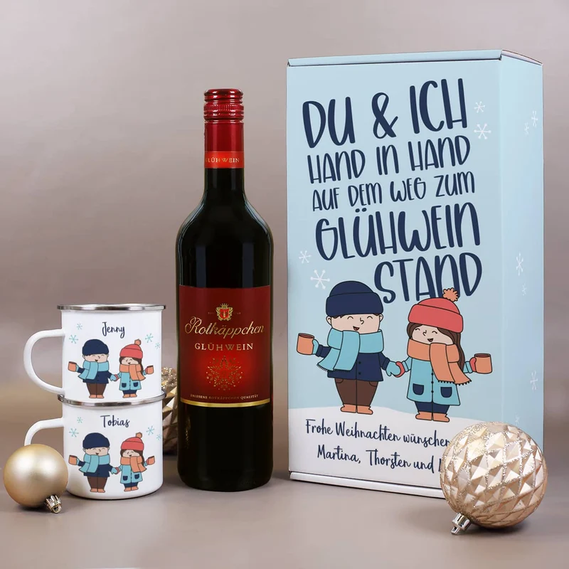 Hand in Hand zum Glühweinstand - Geschenkset zu Weihnachten mit Glühwein, Tassen und Box