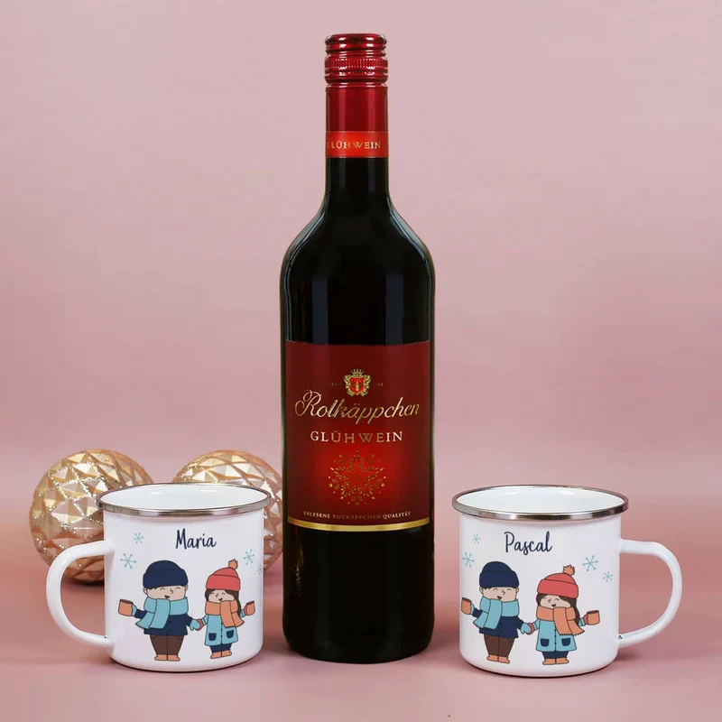 Hand in Hand zum Glühweinstand - Geschenkset zu Weihnachten mit Glühwein, Tassen und Box