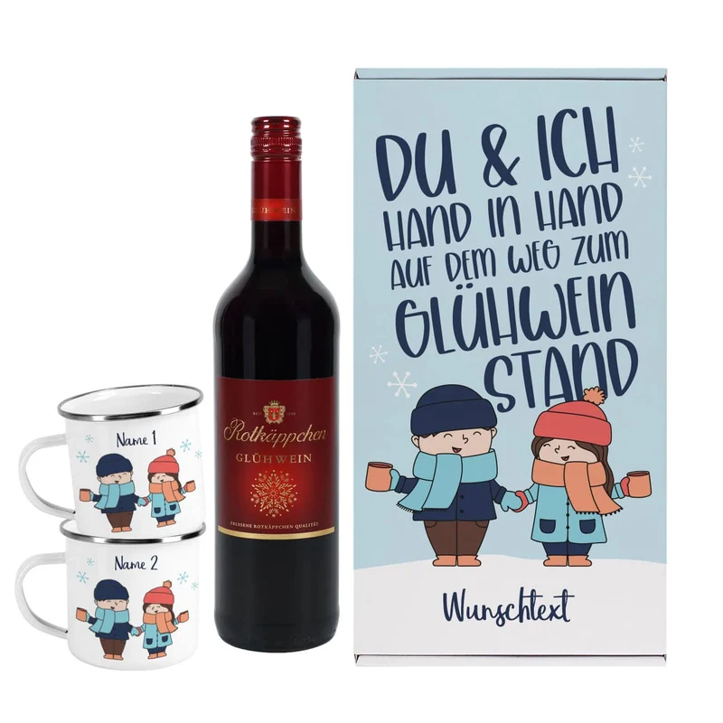 Hand in Hand zum Glühweinstand - Geschenkset zu Weihnachten mit Glühwein, Tassen und Box