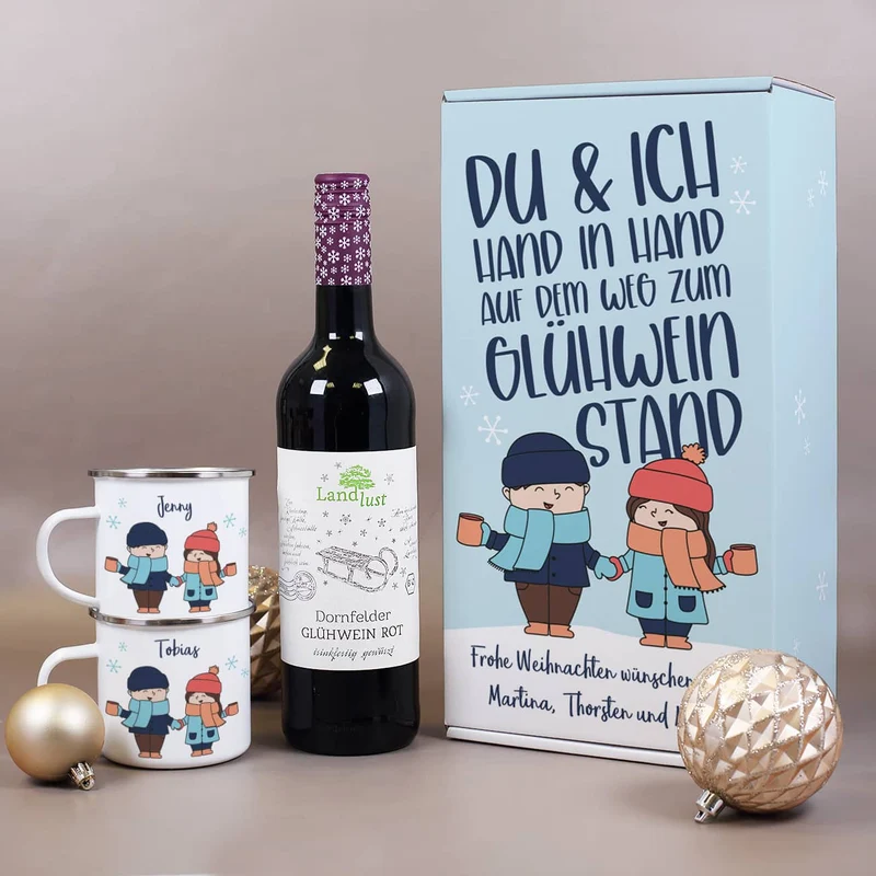 Hand in Hand zum Glühweinstand - Geschenkset zu Weihnachten mit Glühwein, Tassen und Box