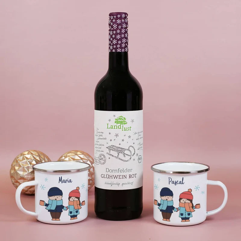 Hand in Hand zum Glühweinstand - Geschenkset zu Weihnachten mit Glühwein, Tassen und Box